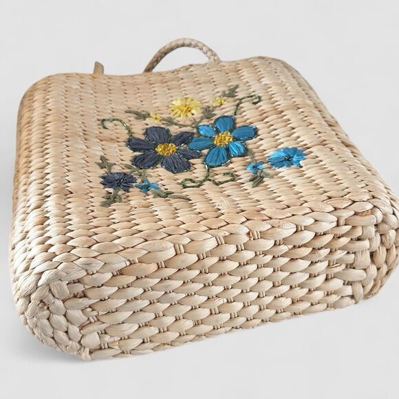 Floral Raffia Straw Shoulder Tote Bag Lined Tropical Beachy Basket Boho Cottage - Picture 6 of 7